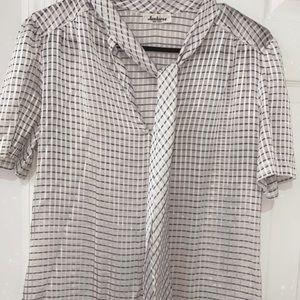 Grey and white tie neck blouse